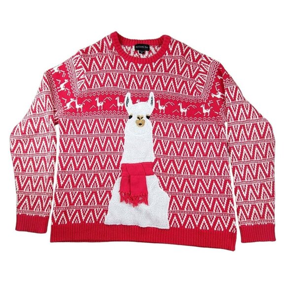 Mens Christmas Lama Sweater Pullover Red White Geometric Size XL JH1223 - Picture 1 of 6